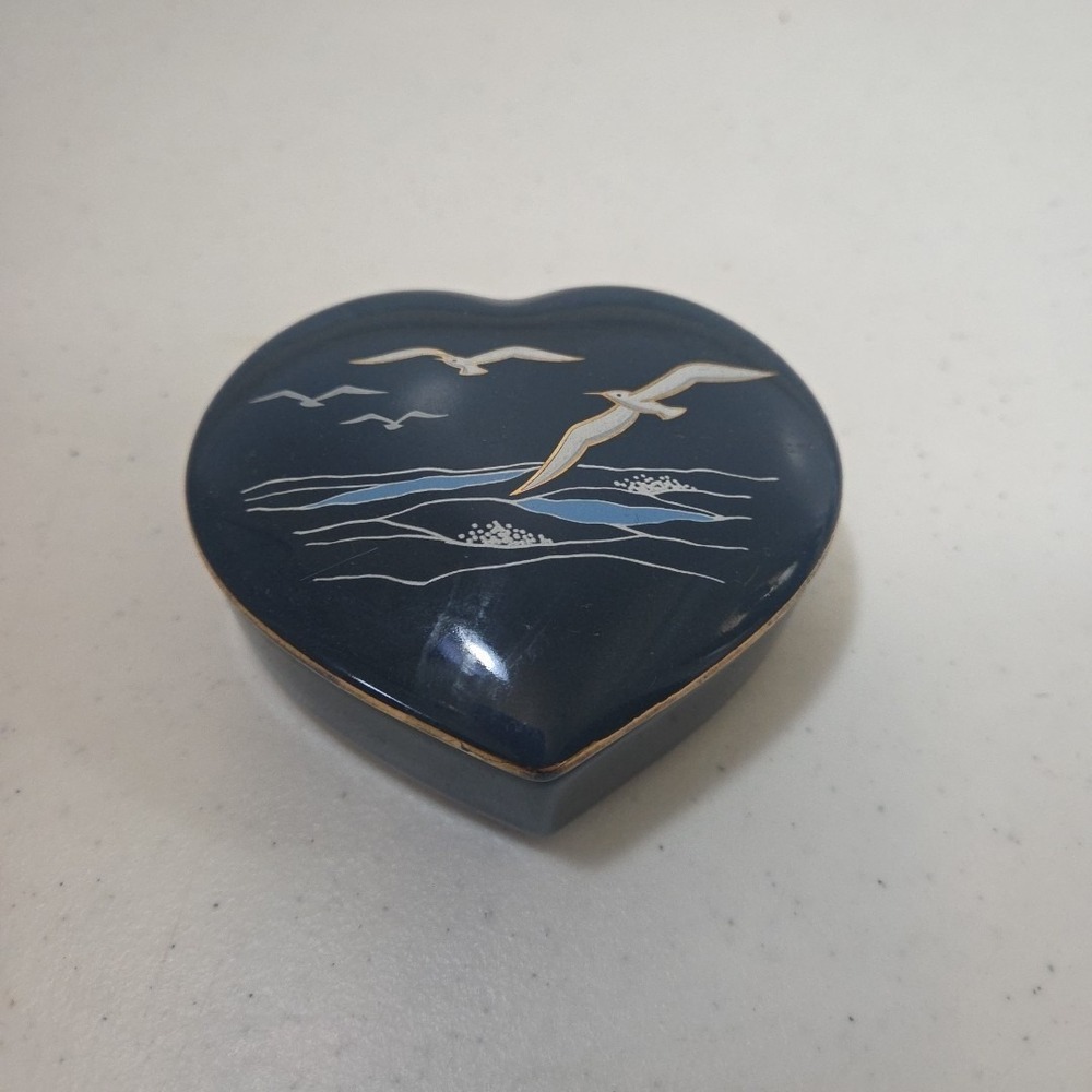 Vintage Otagiri Japan Heart Shaped Trinket Box Cobalt Blue Gold Ocean Seagull
